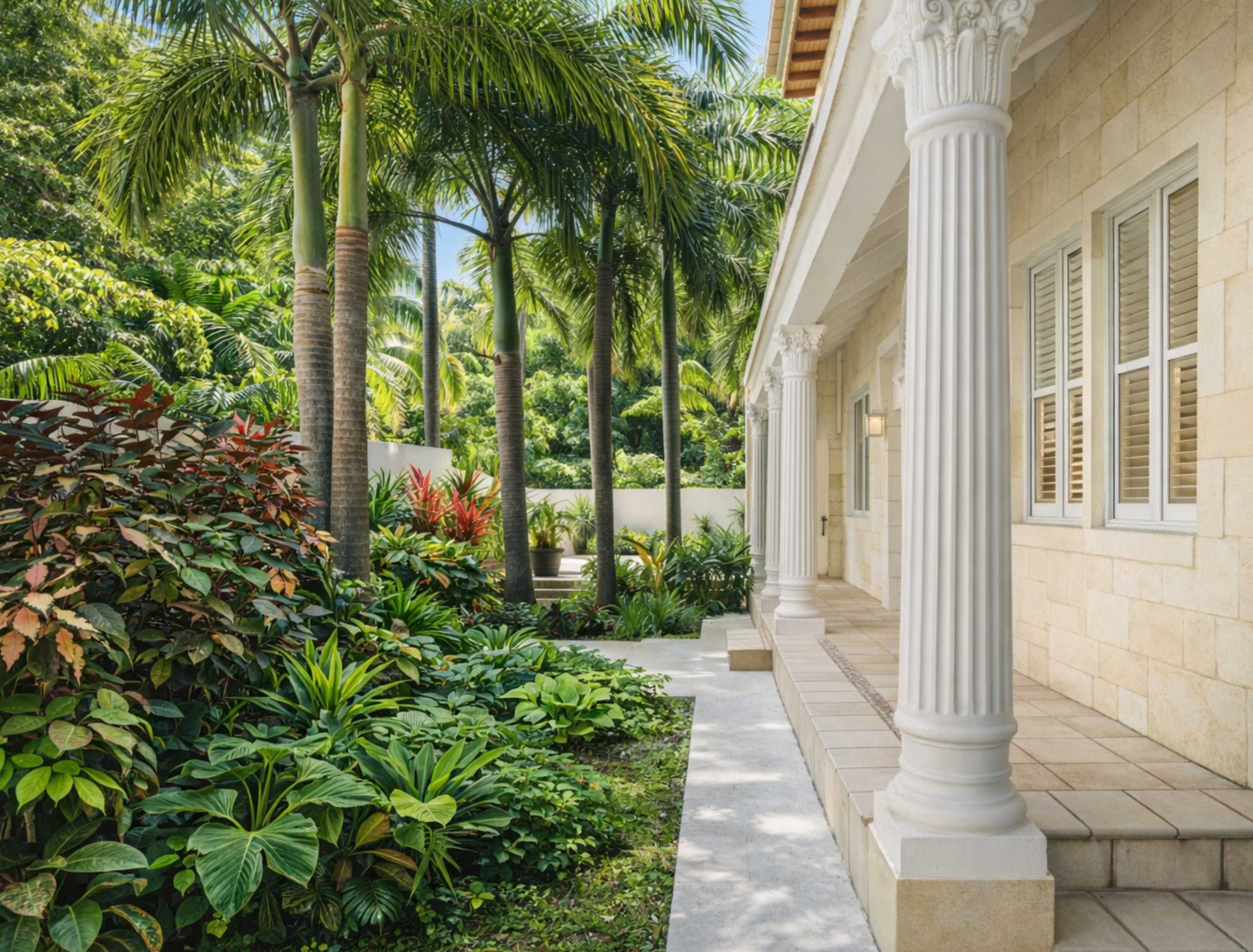 Elegant villa with classical columns and tropical gardens